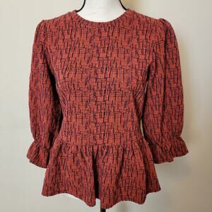 Anthropologie RO+DE Size XS Pullover Ruffle Sleeve Peplum Top Burnt Orange Navy